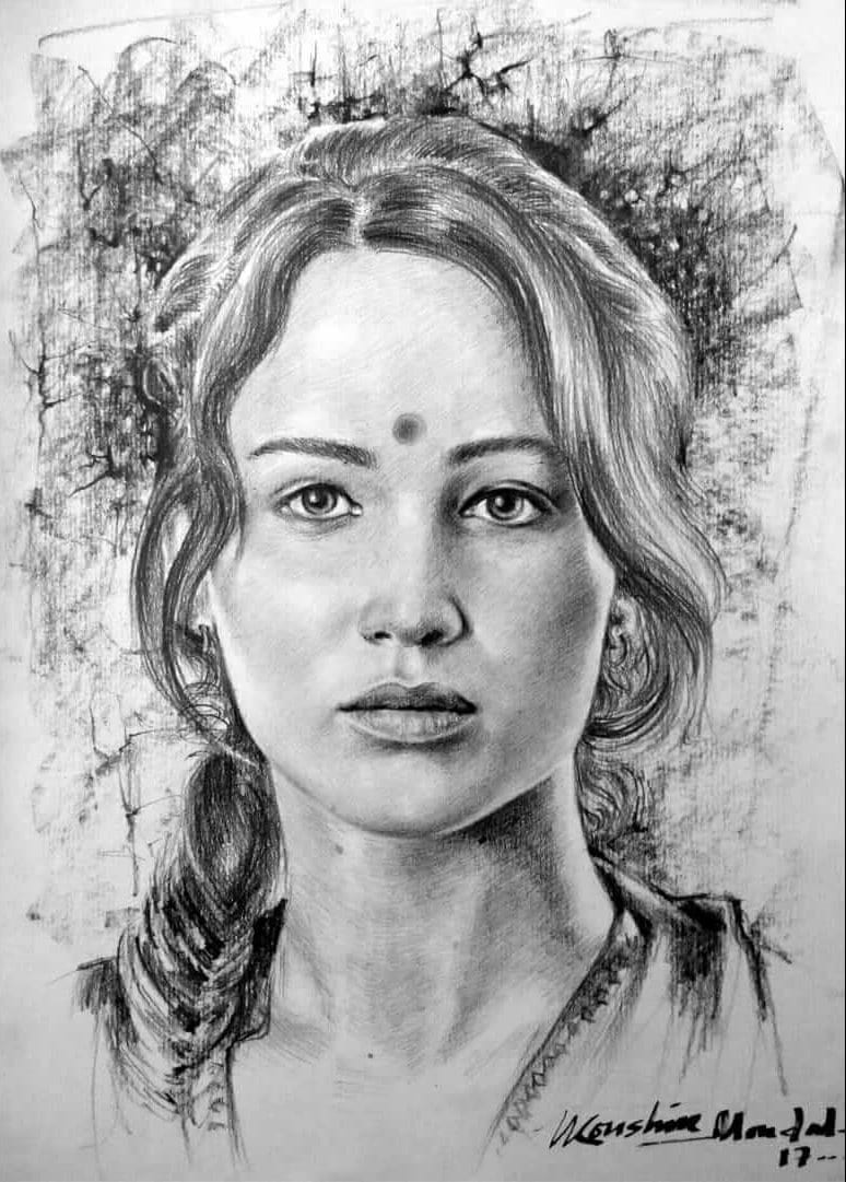 Black And White Paper Girl Pencil Portrait Sketch Size A4