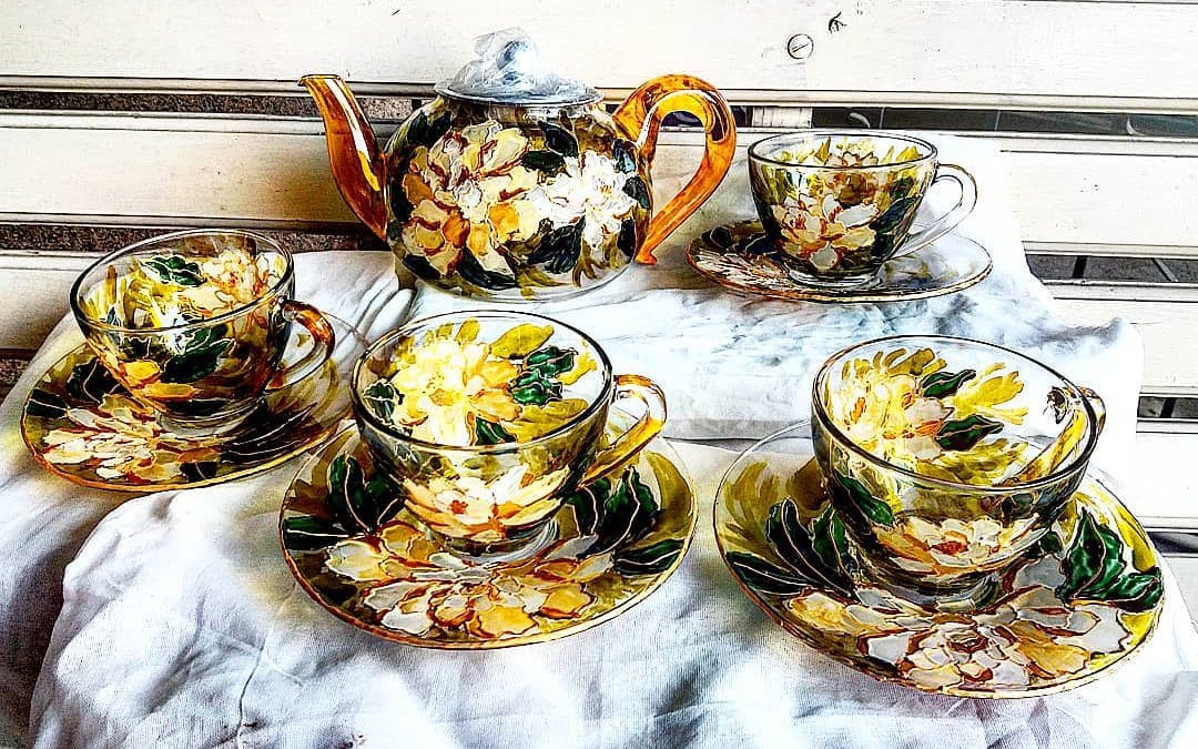 Hand Painted Yellow Peonies Tea Set