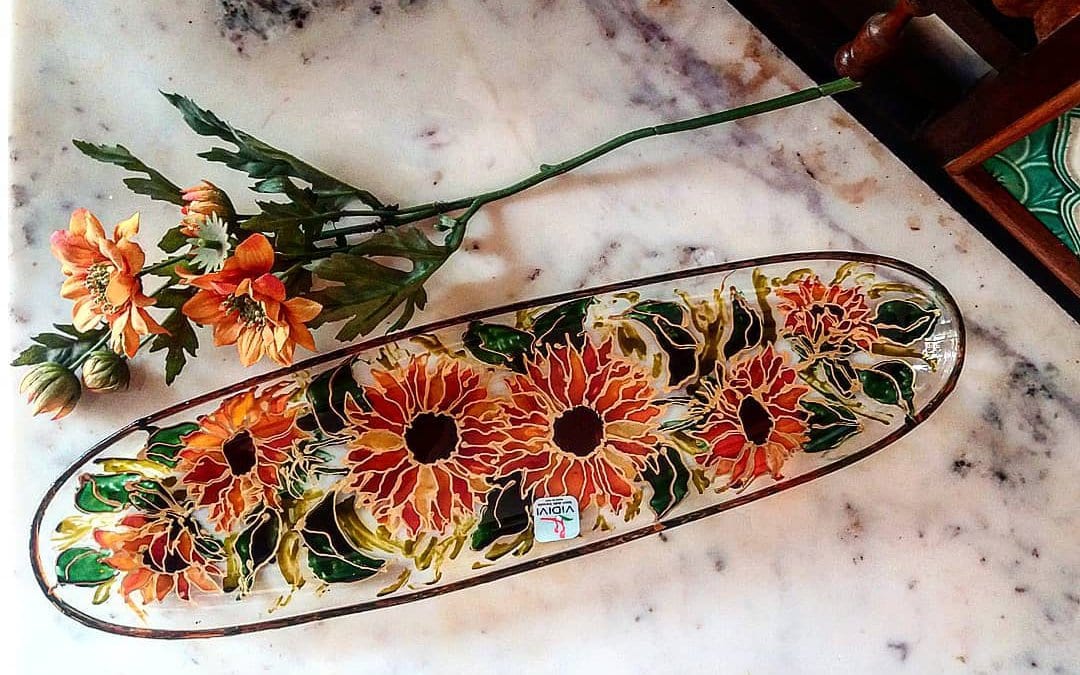 Bright Sunflower Hand Painted Crystal Oval Platter