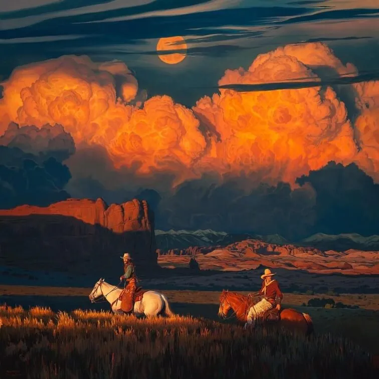 Stunning Oil Paintings of Cowboys Riding at Dusk 